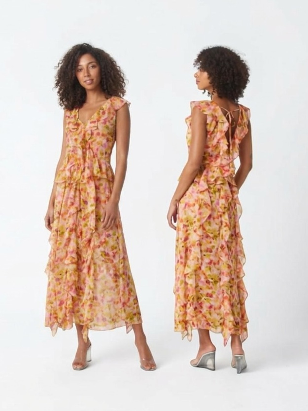 MISA Los Angeles Claudita Floral Chiffon Ruffle Maxi Dress Golden Flora medium
